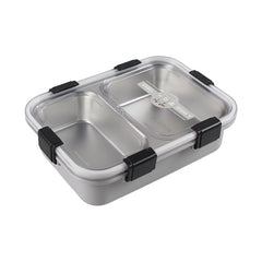 2 Partition Lunch Box Stainless Steel with Spoon & Chopstick 01975