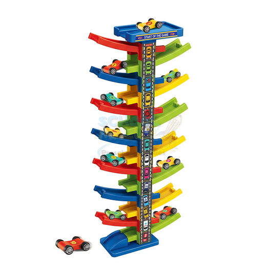DIY Gliding Rail Car Multi-Level Racing Track Set with 10 Slide Cars