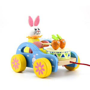 Wooden Cute Kid Cartoon Beating Drum Pulling Cart