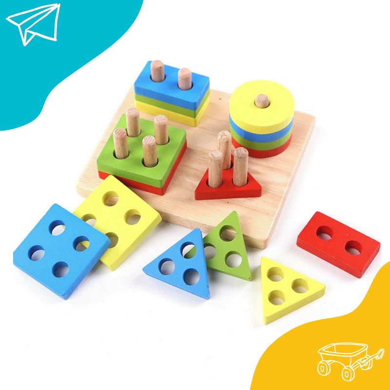 4 Coloumn Wooden Blocks Geometry Shapes Matching A-10
